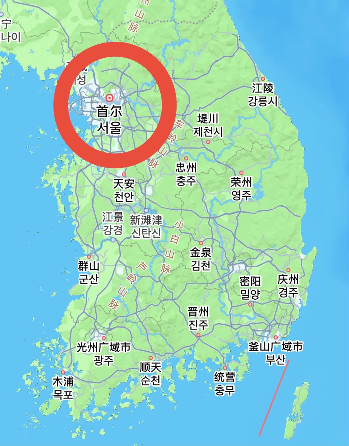 韩国地图，首都圈已用红圈标出